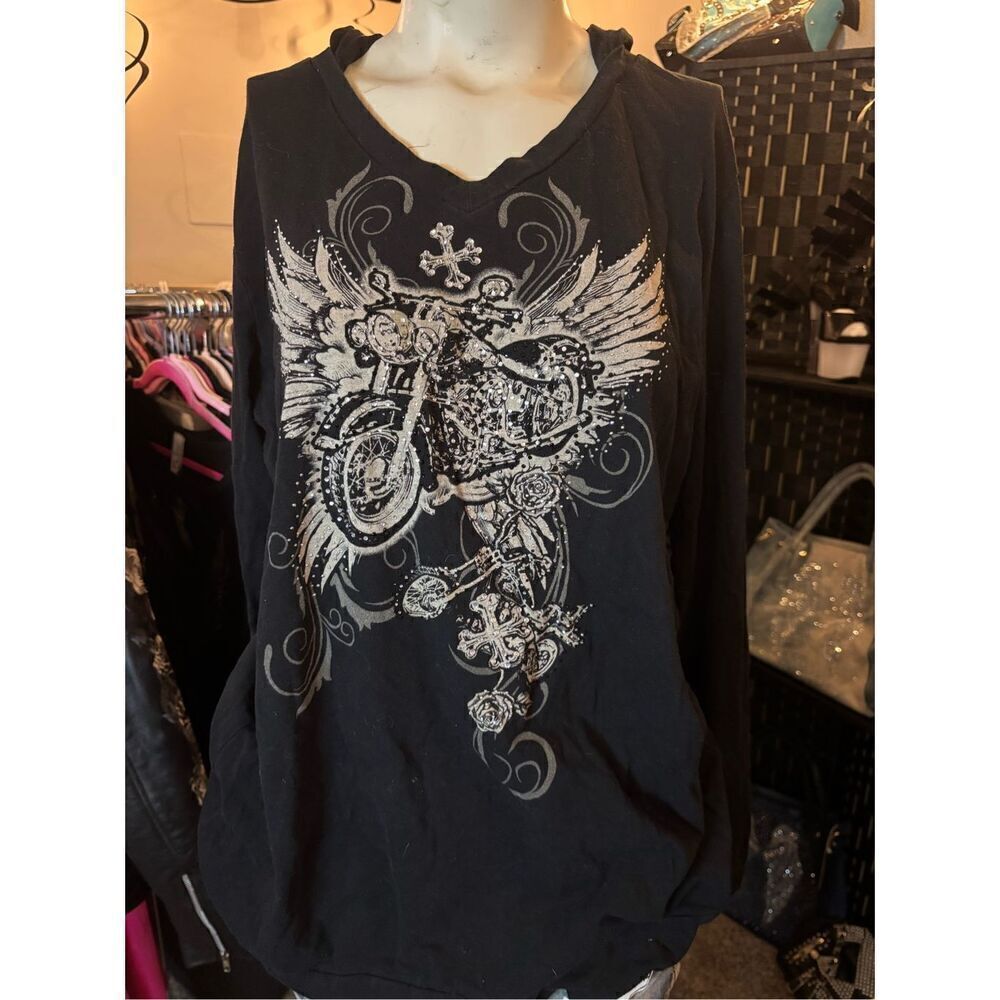 Platinum Plush Roses Angels and Motorcycle Rhinestones LS Tee